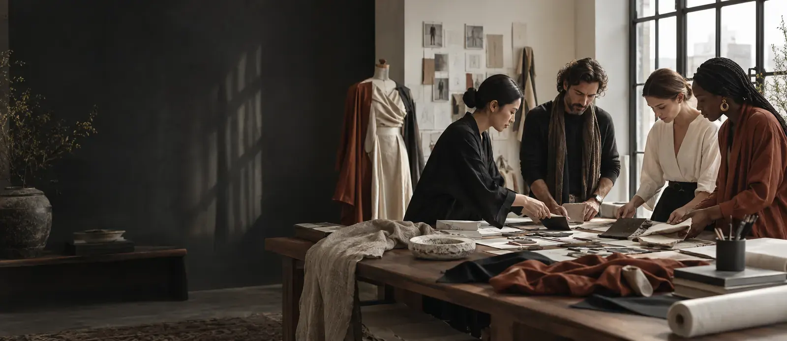 Équipe internationale examinant des textiles et des patrons dans un atelier de mode