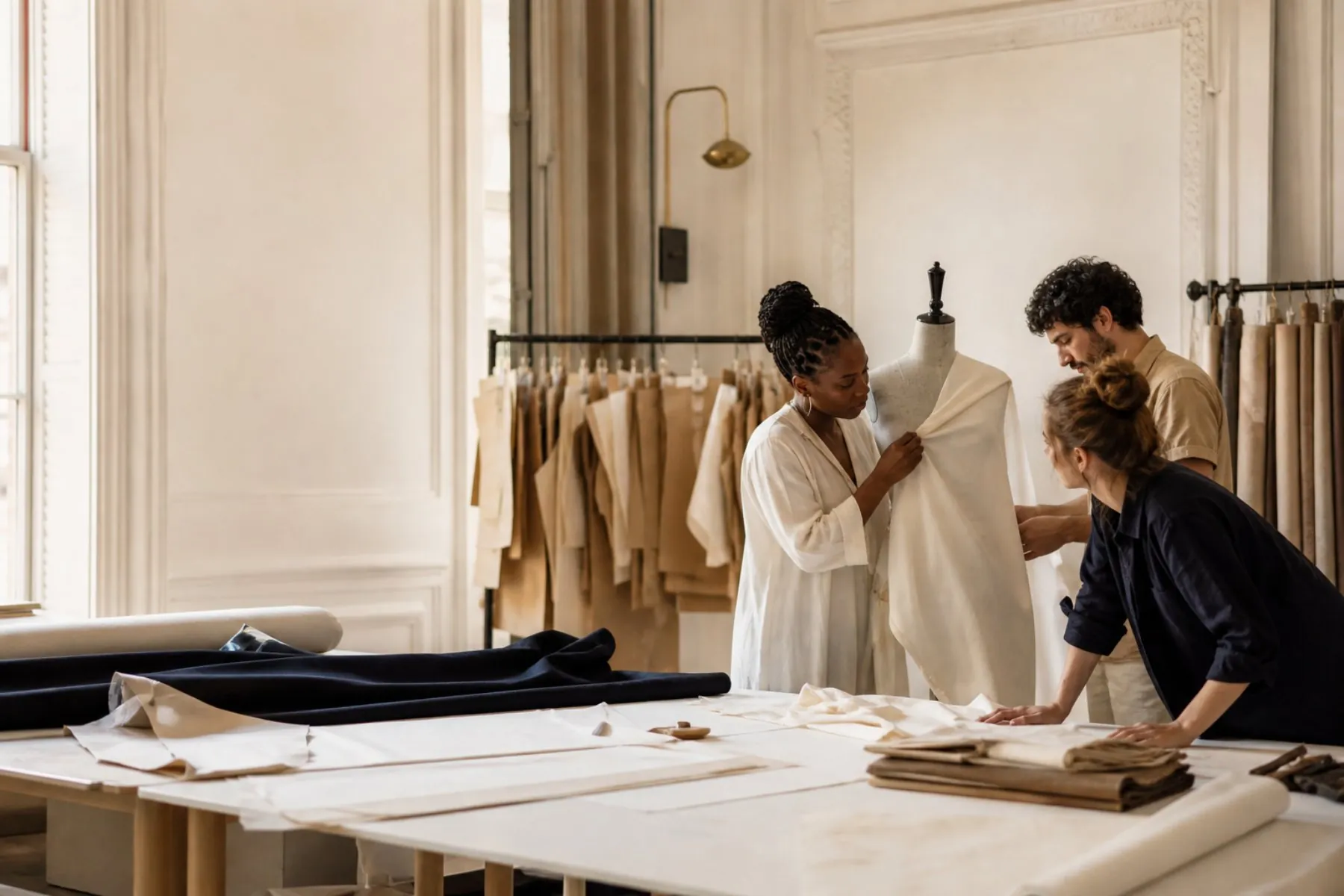 Équipe de créateurs travaillant sur des tissus et des patrons dans un atelier de mode