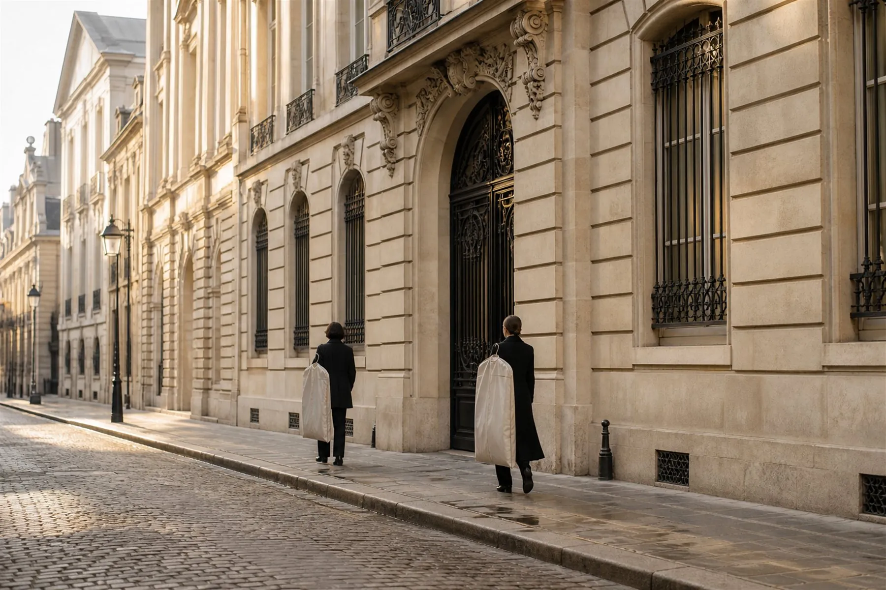 Professionnels de la mode devant une façade de maison de couture parisienne au petit matin