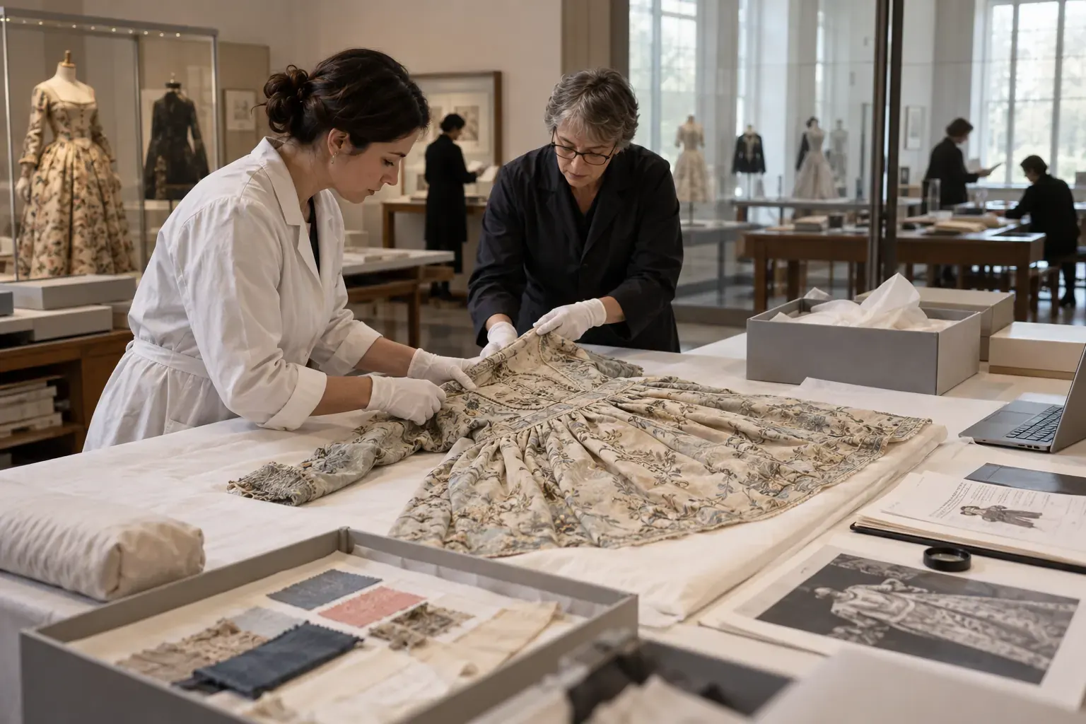 Conservatrices examinant une robe historique dans une réserve de musée de mode