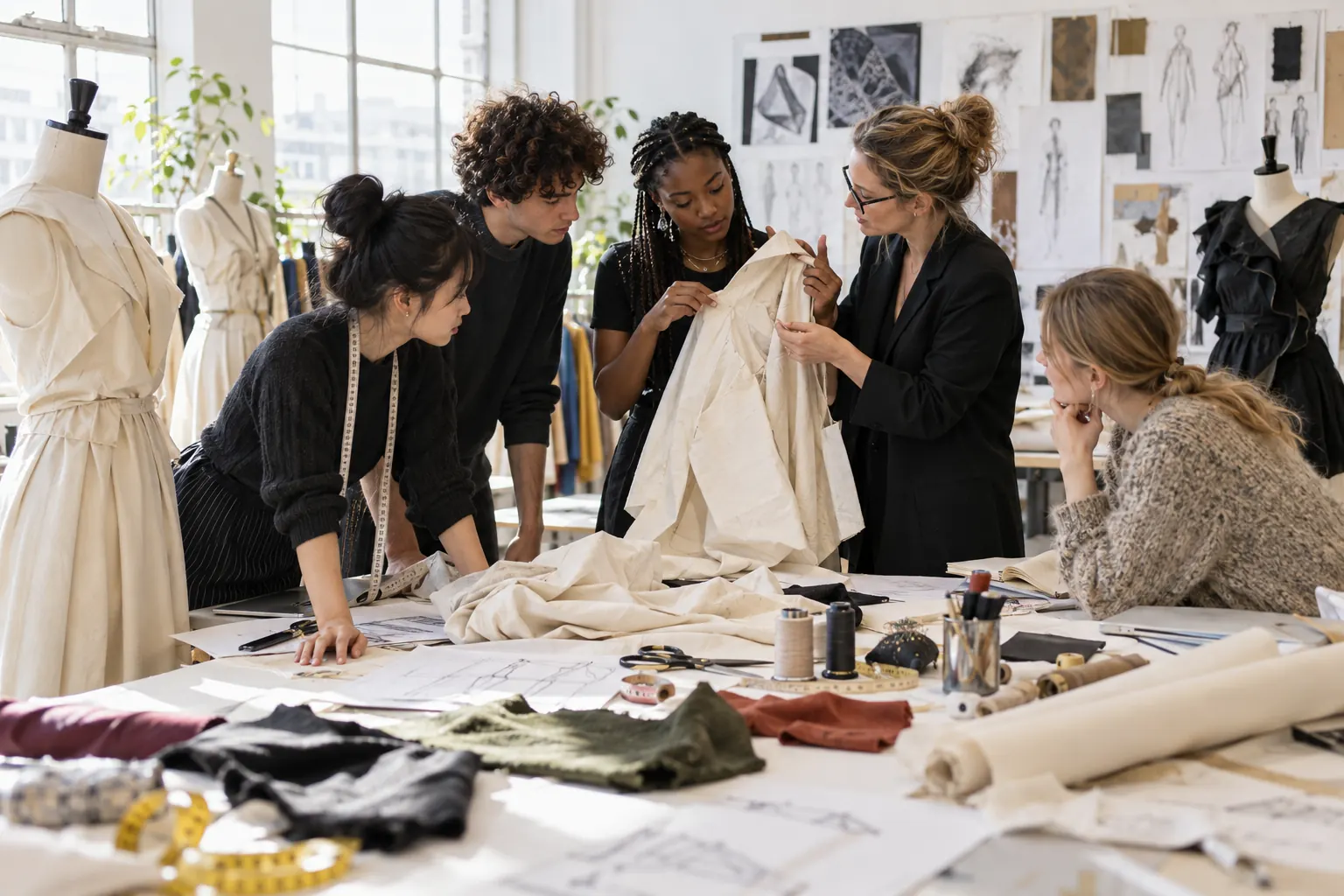 Étudiants et enseignante examinant un prototype de vêtement dans un atelier de mode