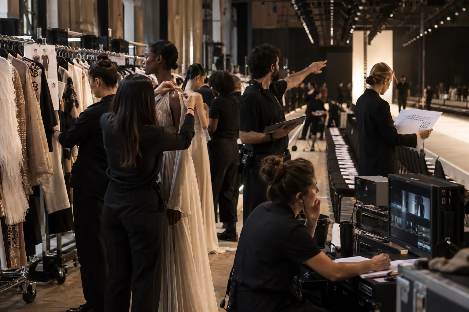 Équipe préparant des silhouettes et la régie dans les coulisses d’un défilé de mode