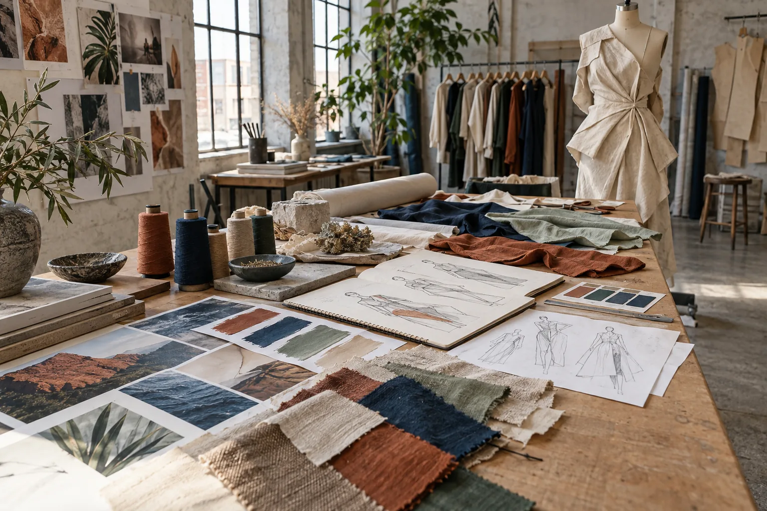 Table de développement d’une collection avec tissus, dessins, couleurs et prototype sur mannequin