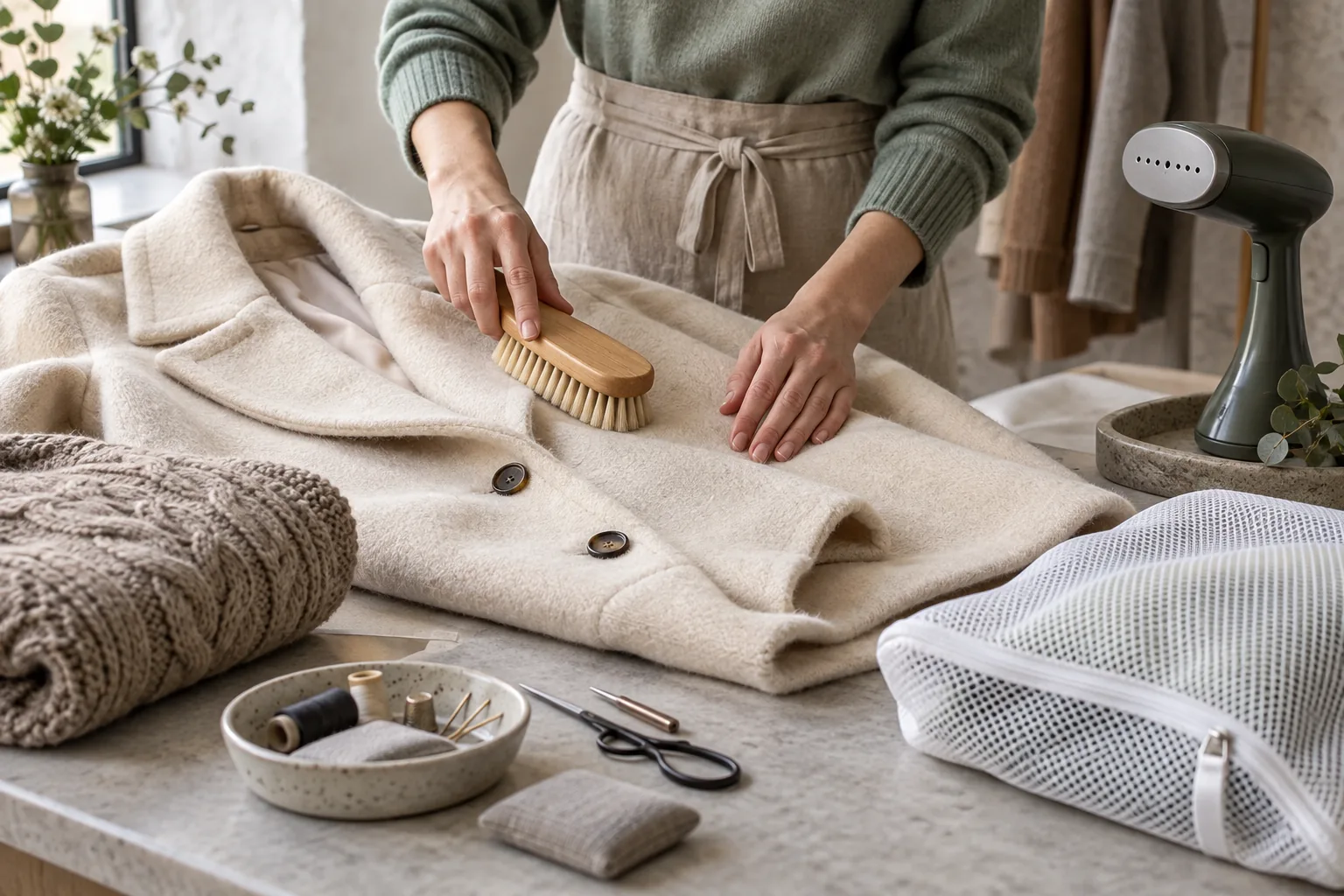 Personne brossant soigneusement un manteau en laine crème près d’un nécessaire de réparation et d’un défroisseur