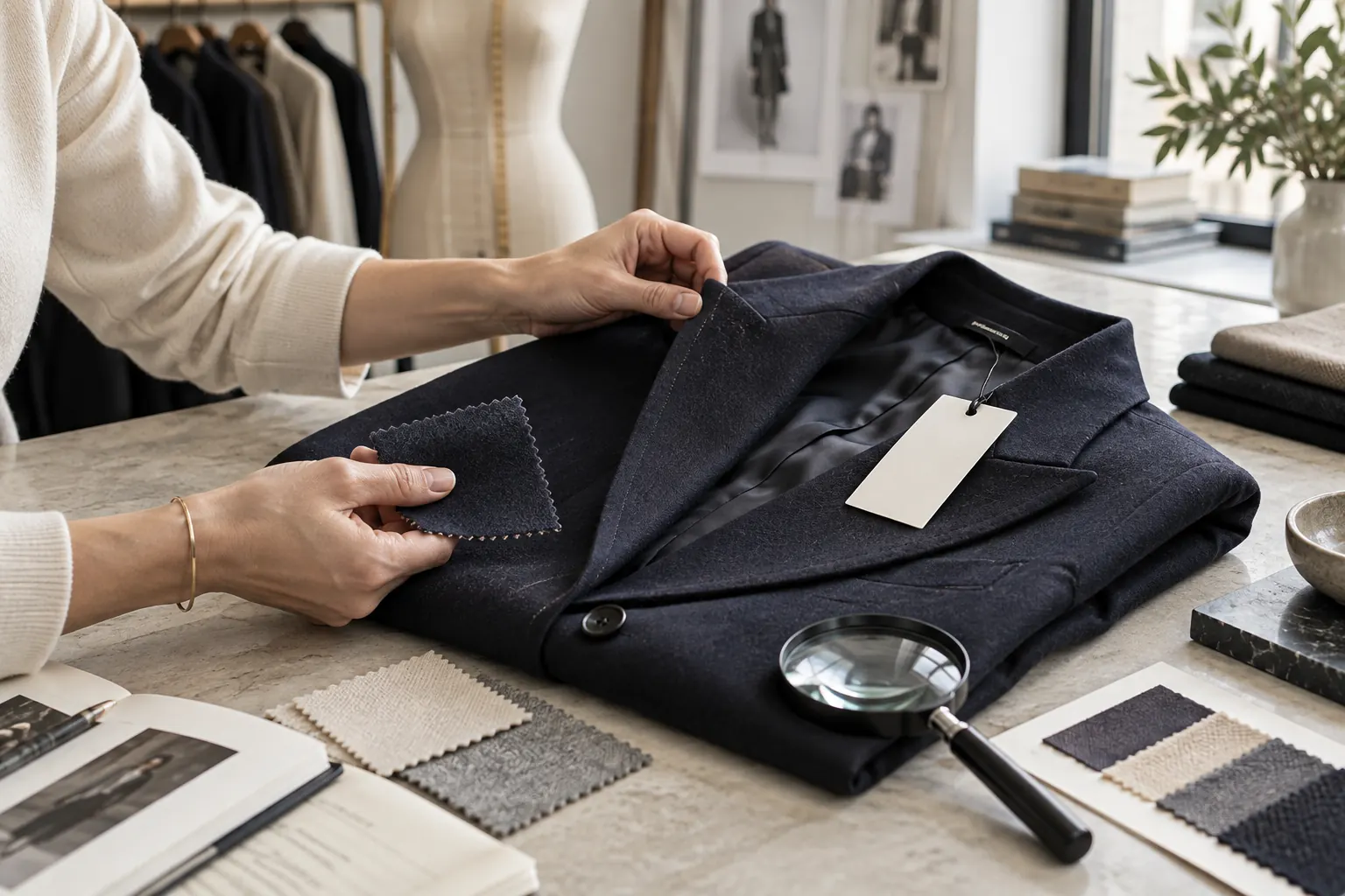 Mains examinant les coutures et la matière d’une veste foncée avec des échantillons textiles