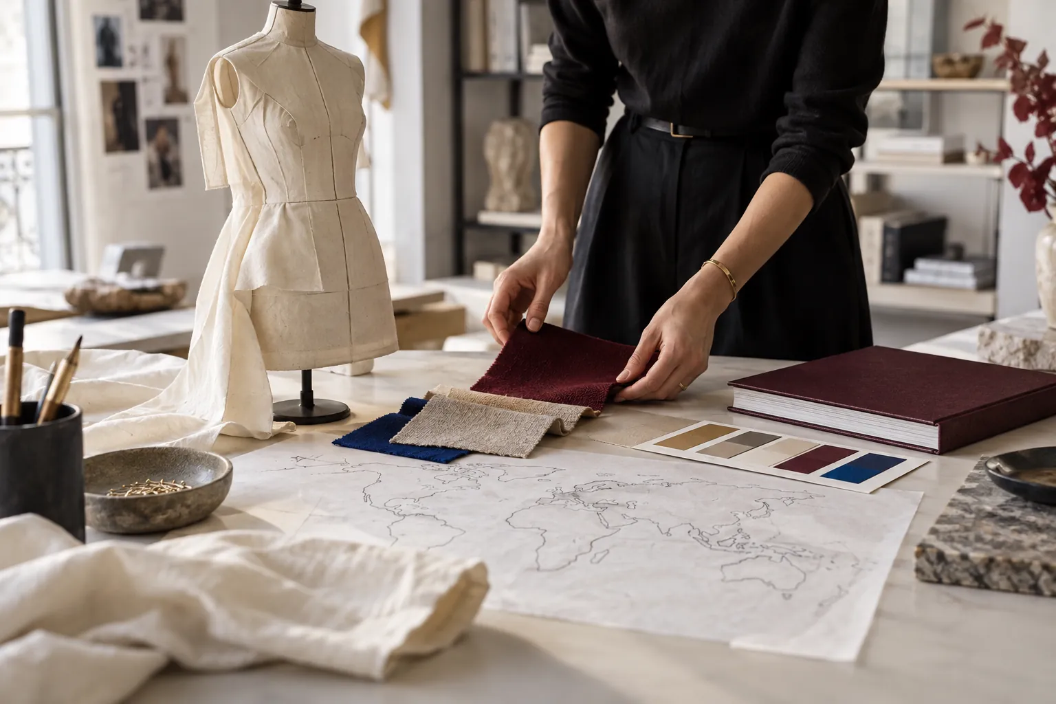 Table éditoriale réunissant une toile de vêtement, des textiles, des couleurs et une carte du monde
