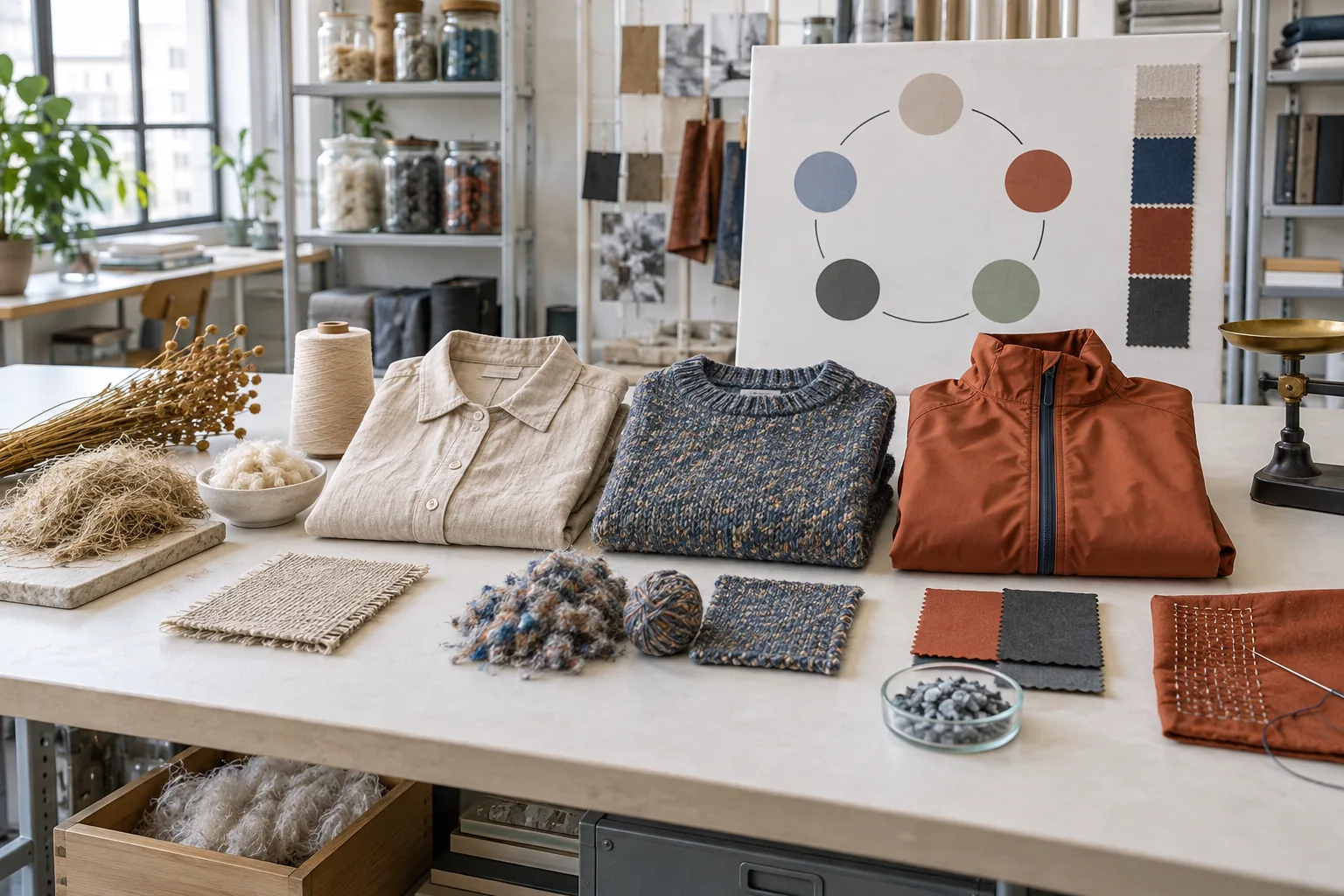 Matériauthèque comparant fibres, étoffes et trois vêtements autour d’un schéma abstrait de cycle de vie