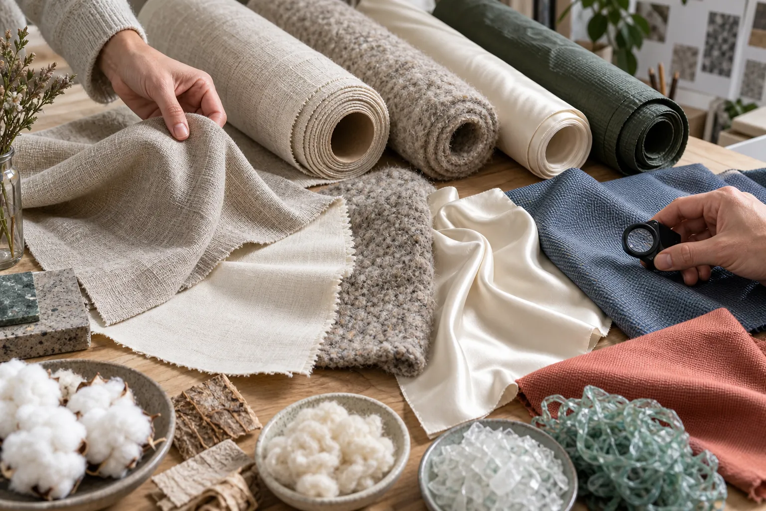 Mains comparant des rouleaux de lin, laine, satin, tissu technique et fibres recyclées sur une table textile