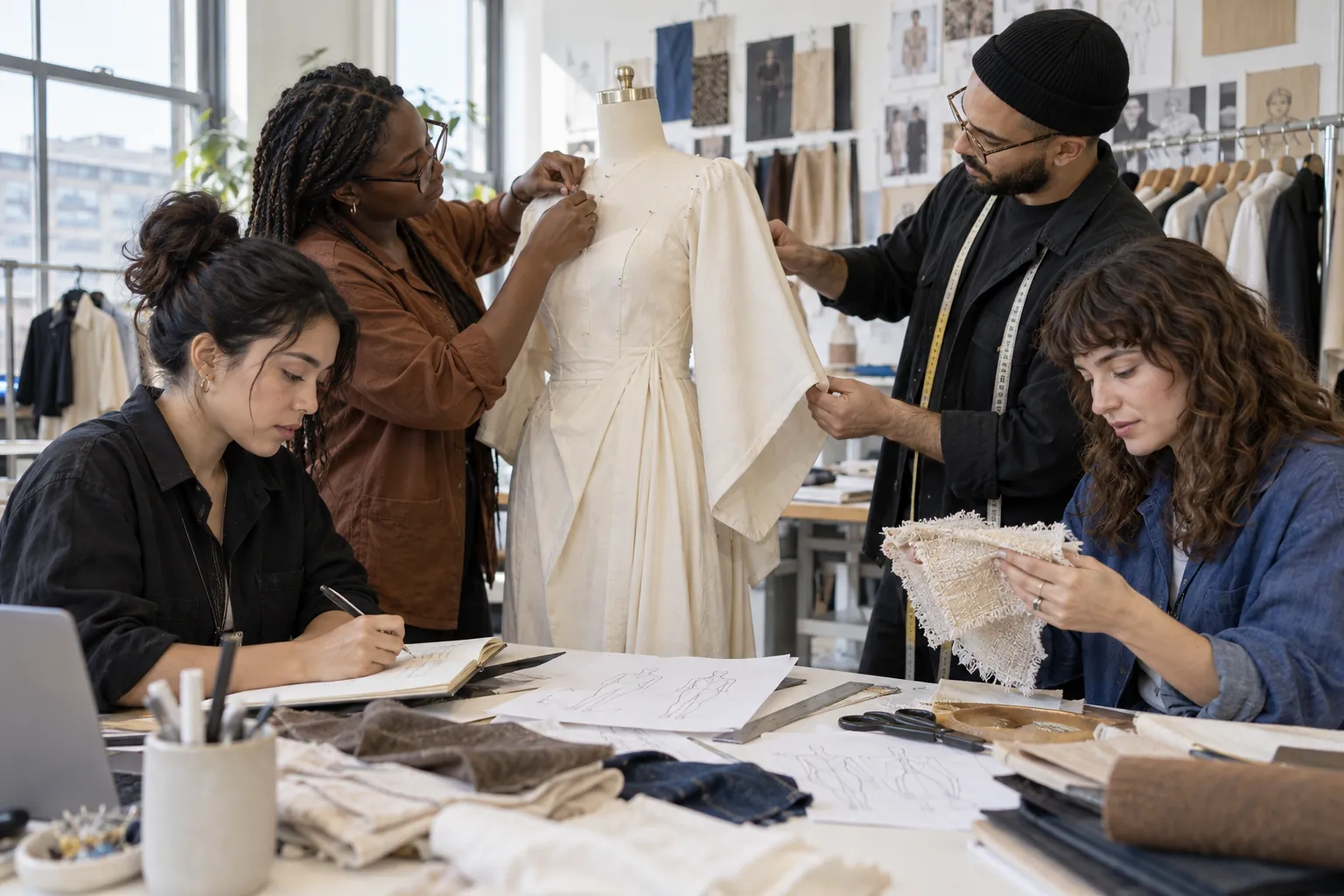 Quatre professionnels de la mode collaborant autour d’une toile, de croquis, de mesures et d’échantillons