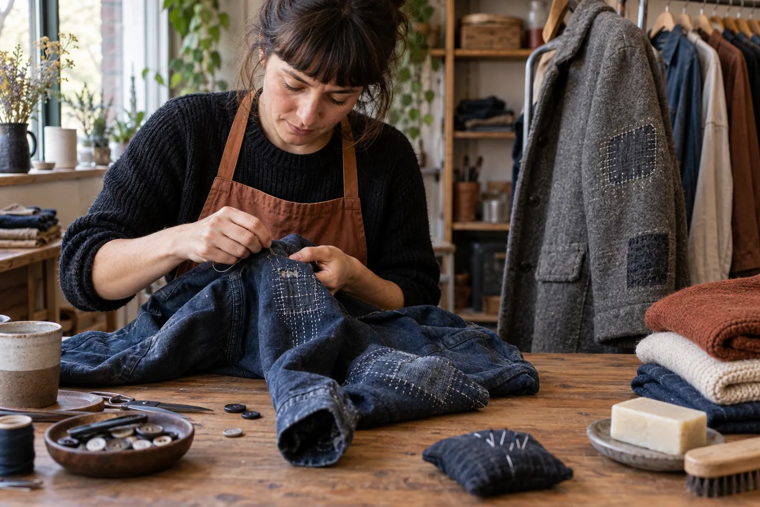 Artisane réparant une veste en denim indigo dans un atelier avec manteau raccommodé et vêtements pliés