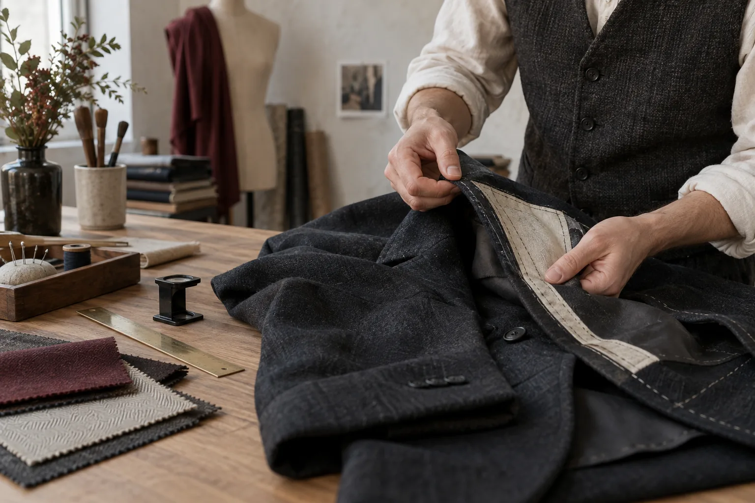 Contrôle de la construction intérieure d’une veste sombre sur une table d’atelier