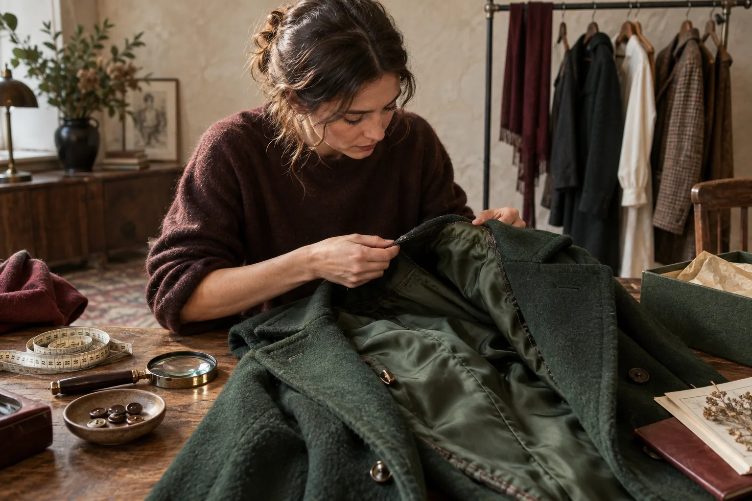 Inspection minutieuse des coutures et de la doublure d’un manteau vert de seconde main dans un studio vintage