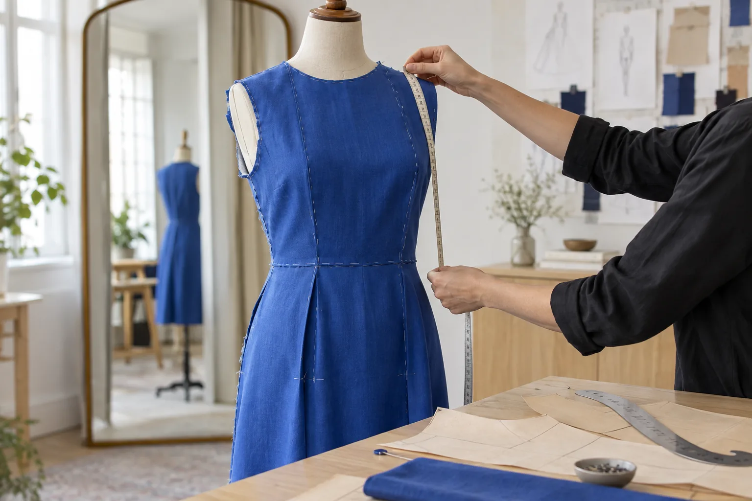 Mesure d’un prototype bleu monté sur mannequin avec patron et règle courbe