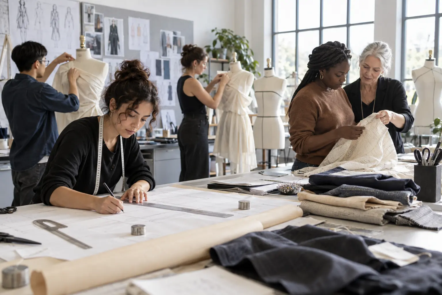 Étudiants et enseignante travaillant le patronage et les textiles dans un atelier de formation en mode