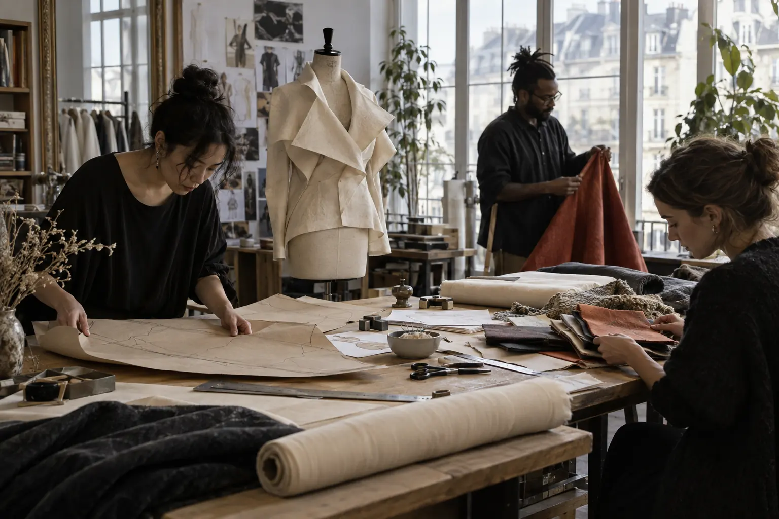 Créateurs examinant des patrons et textiles autour d’un mannequin dans un studio de mode