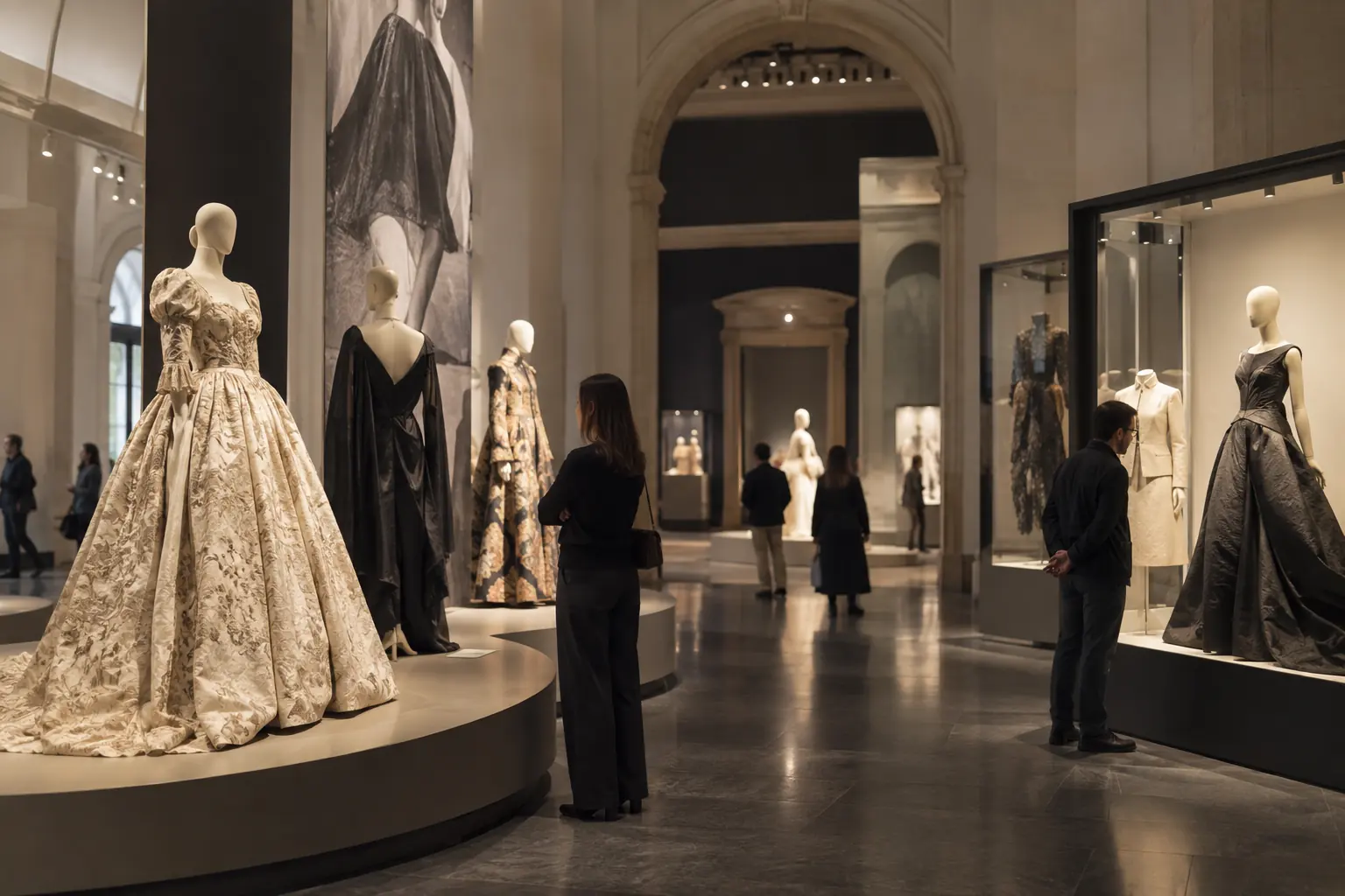 Visiteurs observant des silhouettes historiques et contemporaines dans une galerie de musée de mode